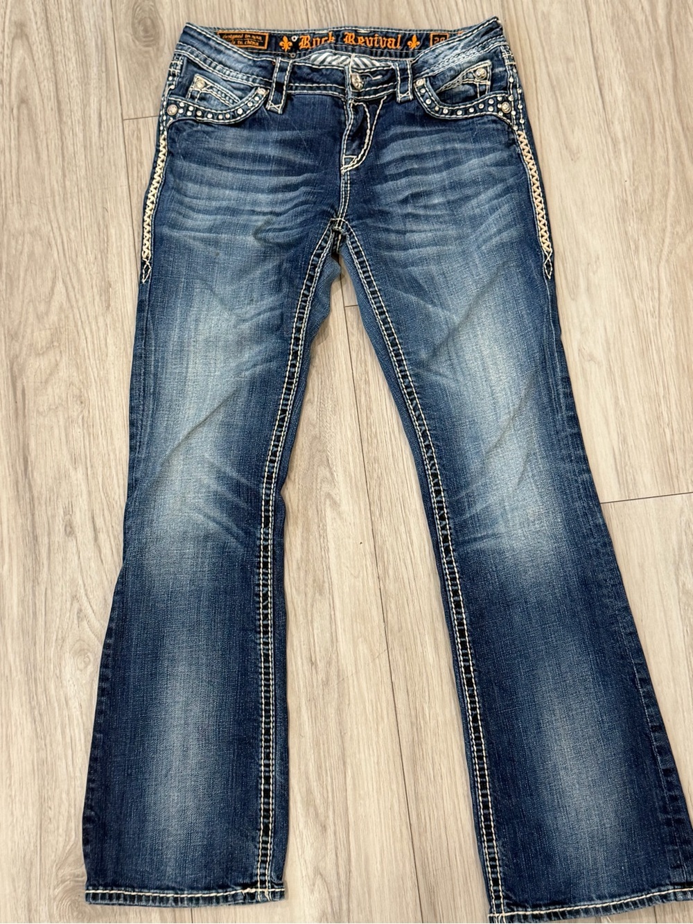 Rock Revival Wide Leg Jeans in Distressed Blue Wash